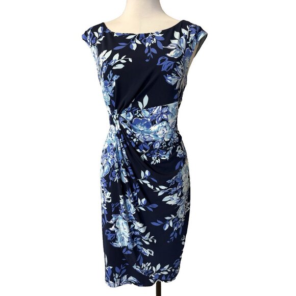 Connected Dress 12 Blue White Floral Stretch Sheath Sleeveless Washable NEW - Picture 1 of 11